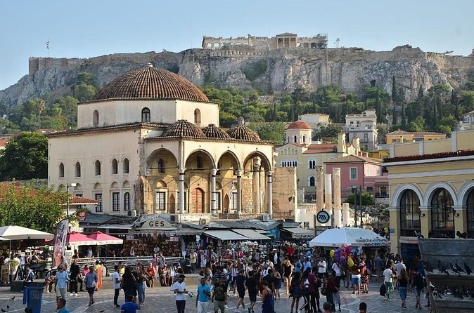 Monastiraki Square with its domed mosque and the Acropolis on the rock above