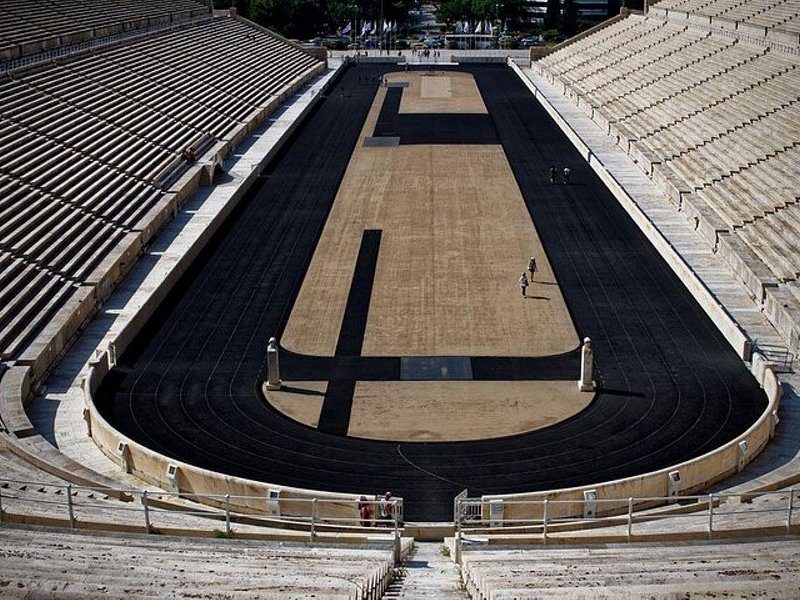 The marble horseshoe of the Panathenaic Stadium and its track, seen from the top of the stands